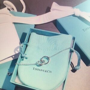 Tiffany & Co Silver Interlocking Ring Necklace on Blue Pouch